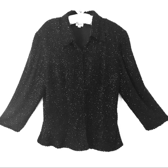 Black Silk Beaded 3/4 Sleeve Jacket - Picture 1 of 6